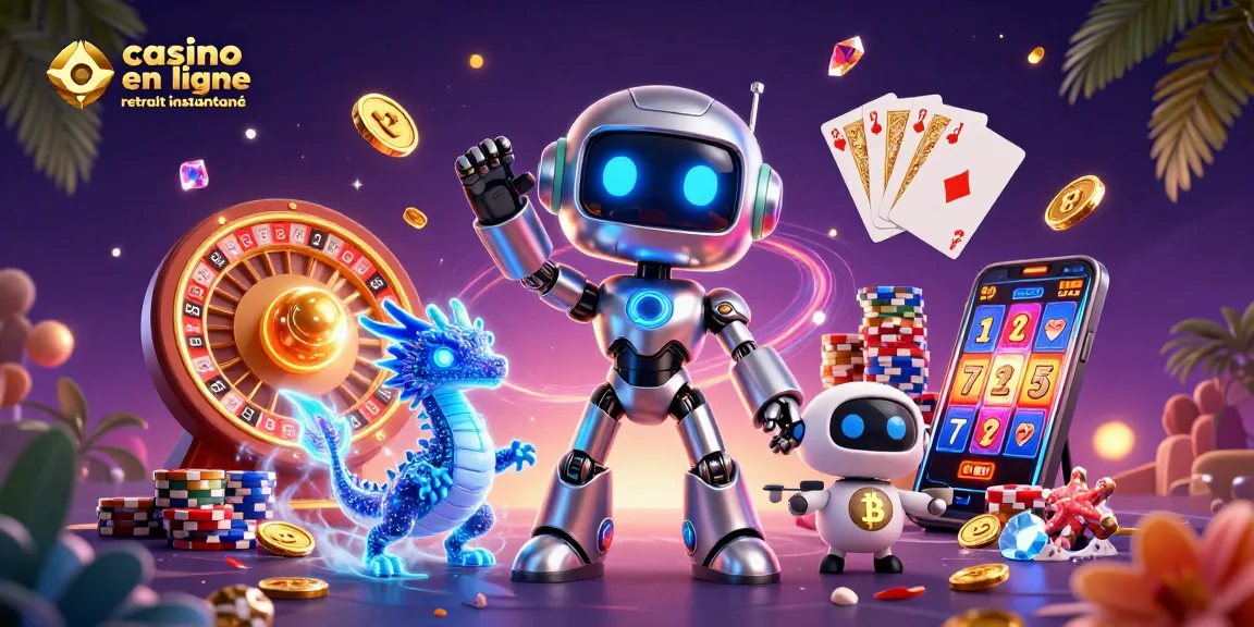 Illustration dynamique de casino en ligne retrait instantané avec un robot et dragon holographique.