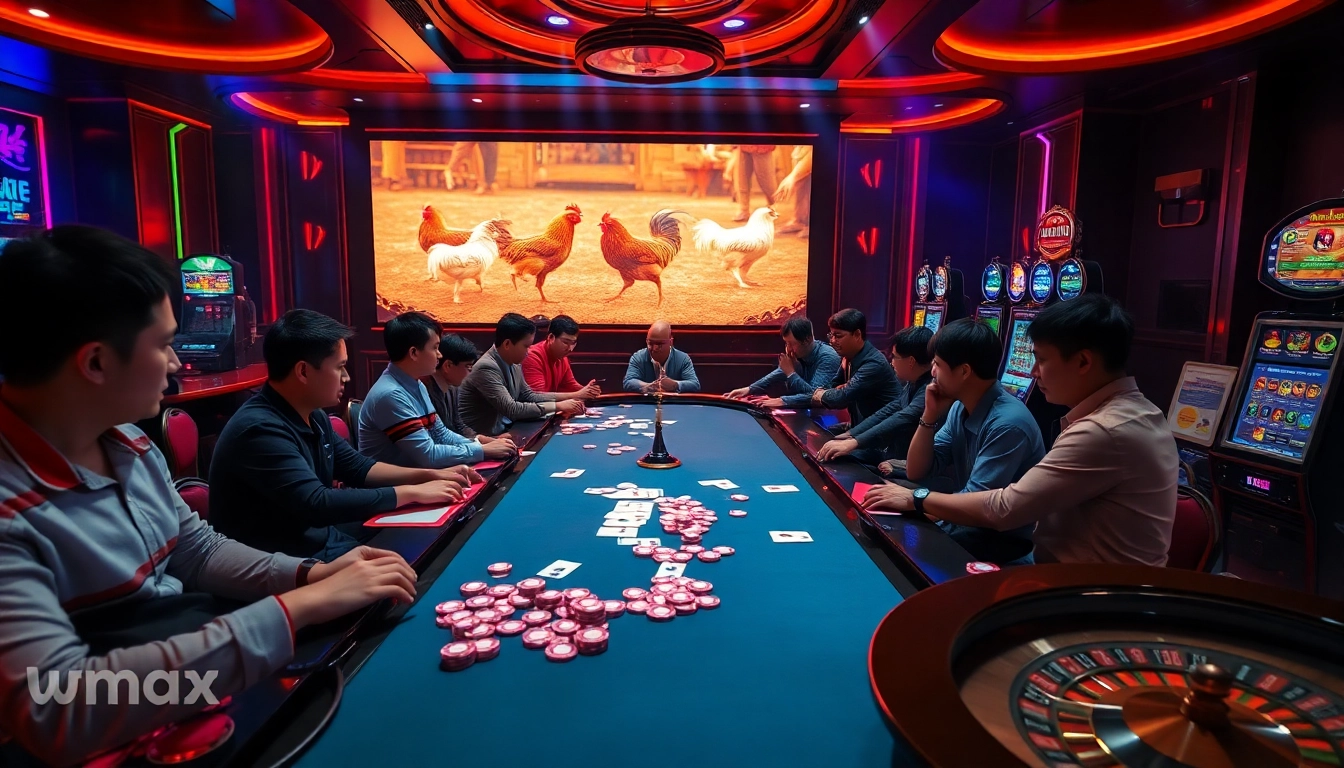 Exciting betting atmosphere at Nhà cái đá gà vmax showcasing live chicken fighting.