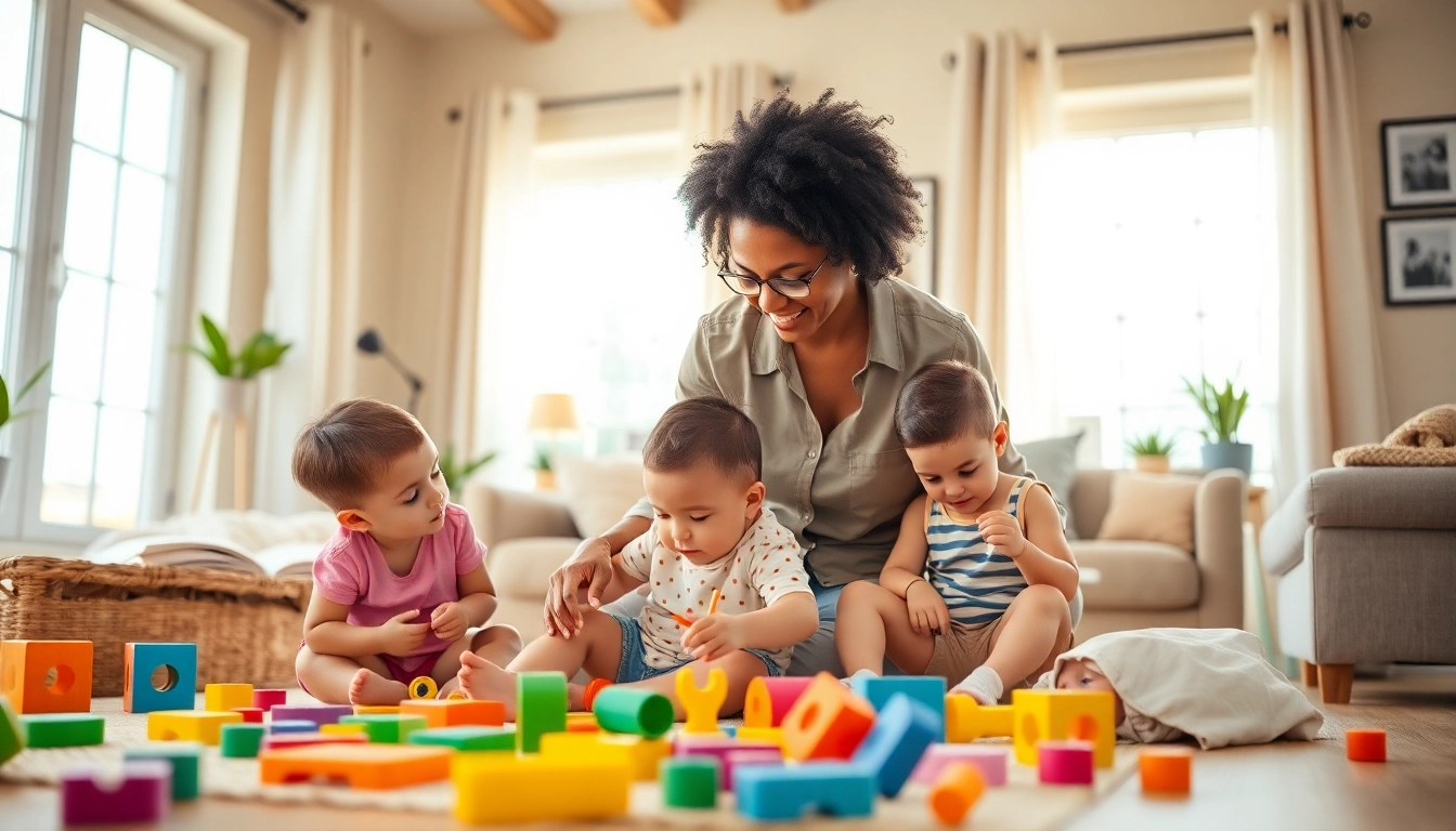 Find a Nanny in Dubai with a professional caregiver engaging playfully with children in a cozy home.