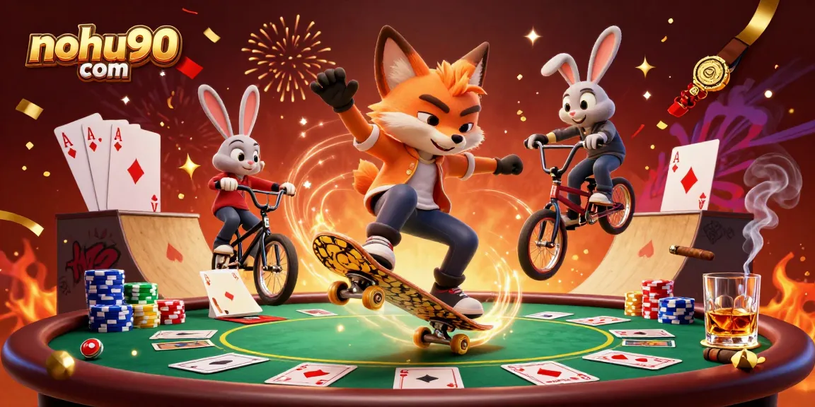 Experience excitement with nohu90 com, featuring a vibrant casino scene of cartoon characters performing tricks amidst rich gaming elements.