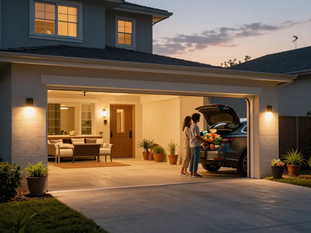 Bright outdoor garage lights illuminating a couple unloading groceries, enhancing home safety and curb appeal.