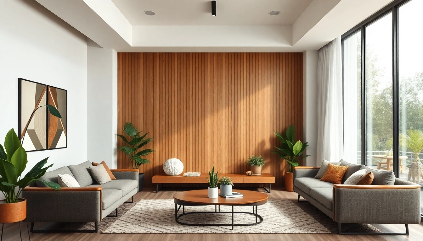 Wood slat panels enhance a modern living space with inviting decor and textures.