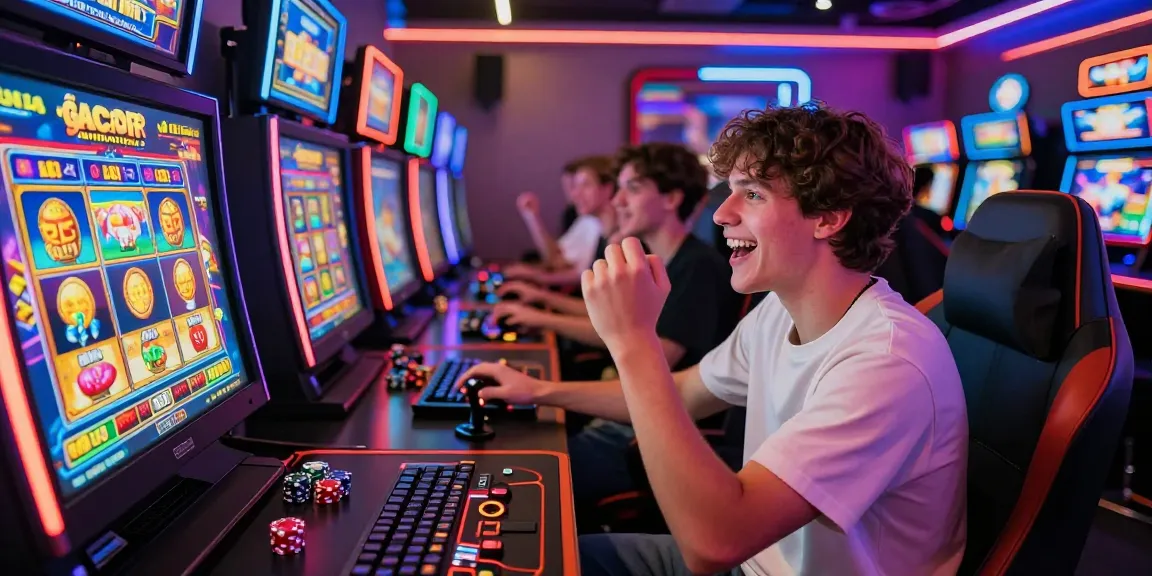 Player enjoying slot gacor gameplay amidst vibrant neon lights and winning screens