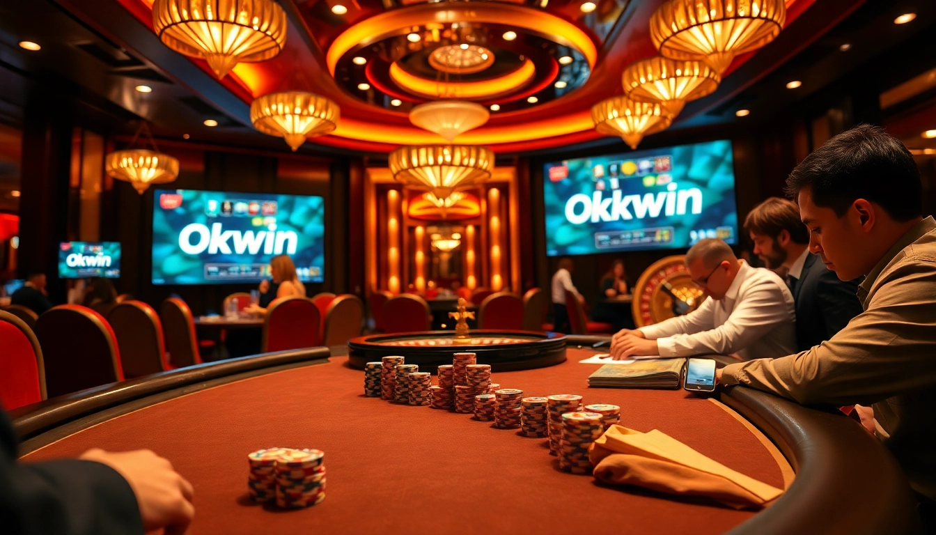 Engaging Okwin casino experience with a vibrant poker table and online gambling interface.
