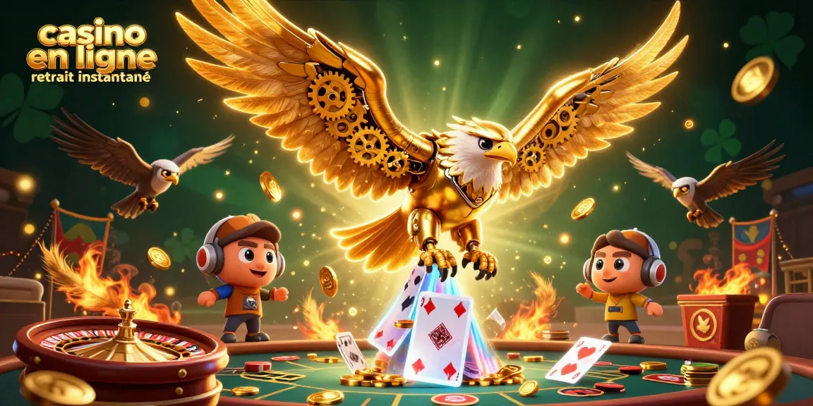 Plongez dans l'univers du casino en ligne retrait instantané avec un aigle robotique vibrant entouré de jeux de cartes holographiques.