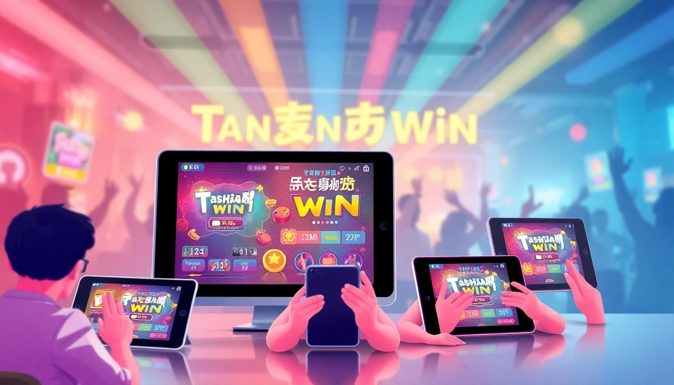 Players engaged in the Tashan Win game, celebrating wins in a vibrant gaming environment.