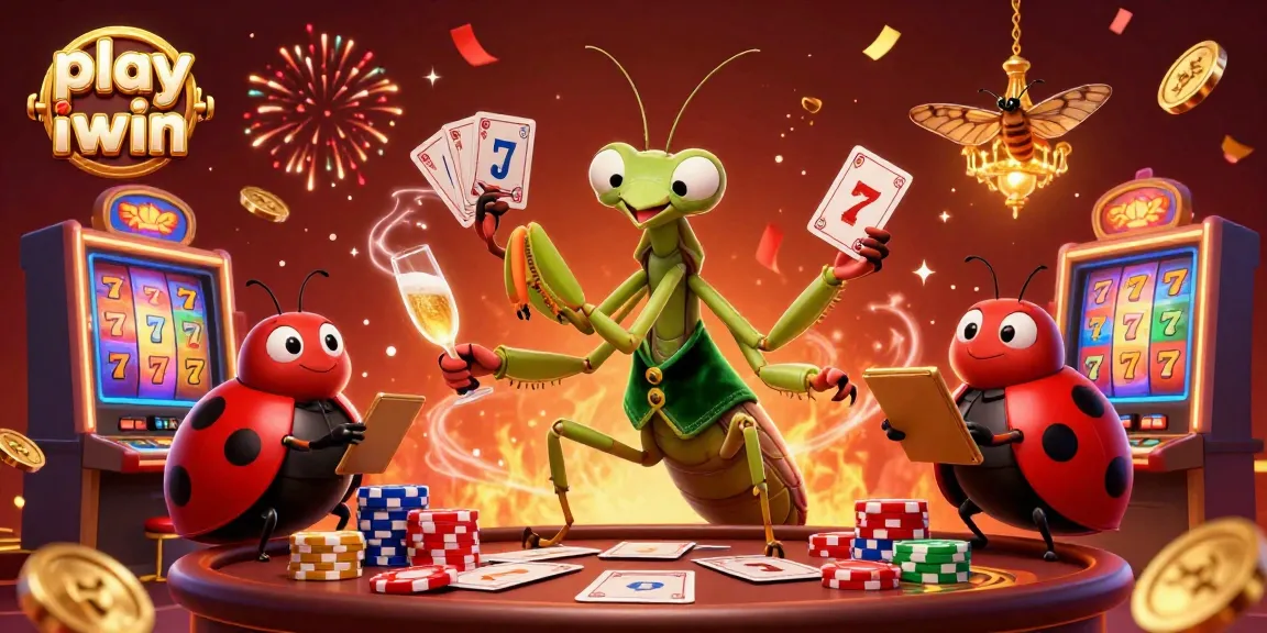 Play iwin at a vibrant casino scene with colorful slots and rewarding elements.