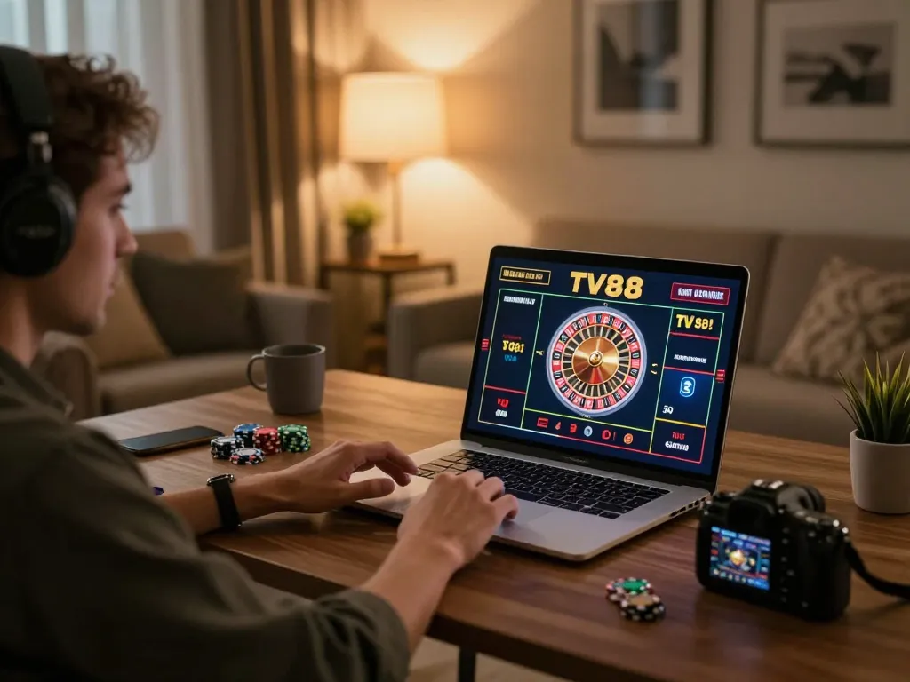 Experience live dealer gaming at TV88 with an engaging online setup in a modern home.