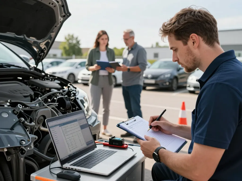Kfz Gutachter Bonn führt eine professionelle Fahrzeuginspektion mit Werkzeugen und Klientenberatung durch.