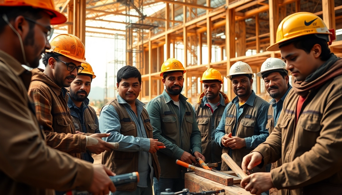 Construction workforce development in action, showcasing diverse workers collaborating on a building site.