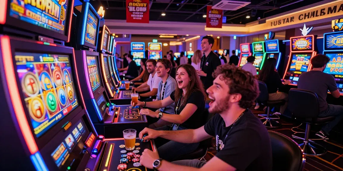Friends enjoying slot machine excitement in a lively casino setting.