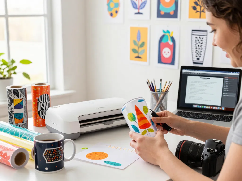 Creative scene with a person decorating tumbler designs using an svg bundle in a vibrant crafting space.