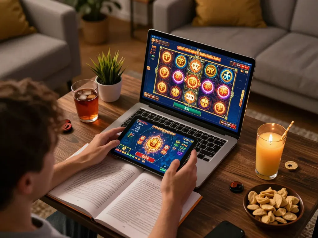 Orang menikmati permainan link slot bertema Zeus di tablet di ruang tamu yang nyaman