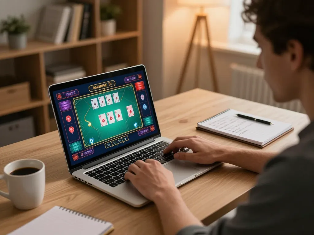 Player enjoying online gambling experience with luck8, laptop showcasing exciting card game action