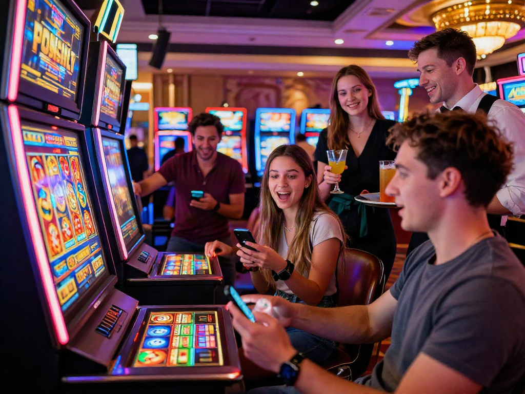 A vibrant casino scene showcasing players enjoying a slot bonus feature with excitement, colorful lights, and engaging atmosphere.