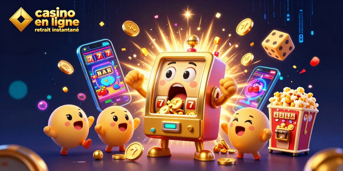 Casino en ligne retrait instantané : machine à sous dorée célébrant un jackpot, entourée de jeux et décorations scintillants.