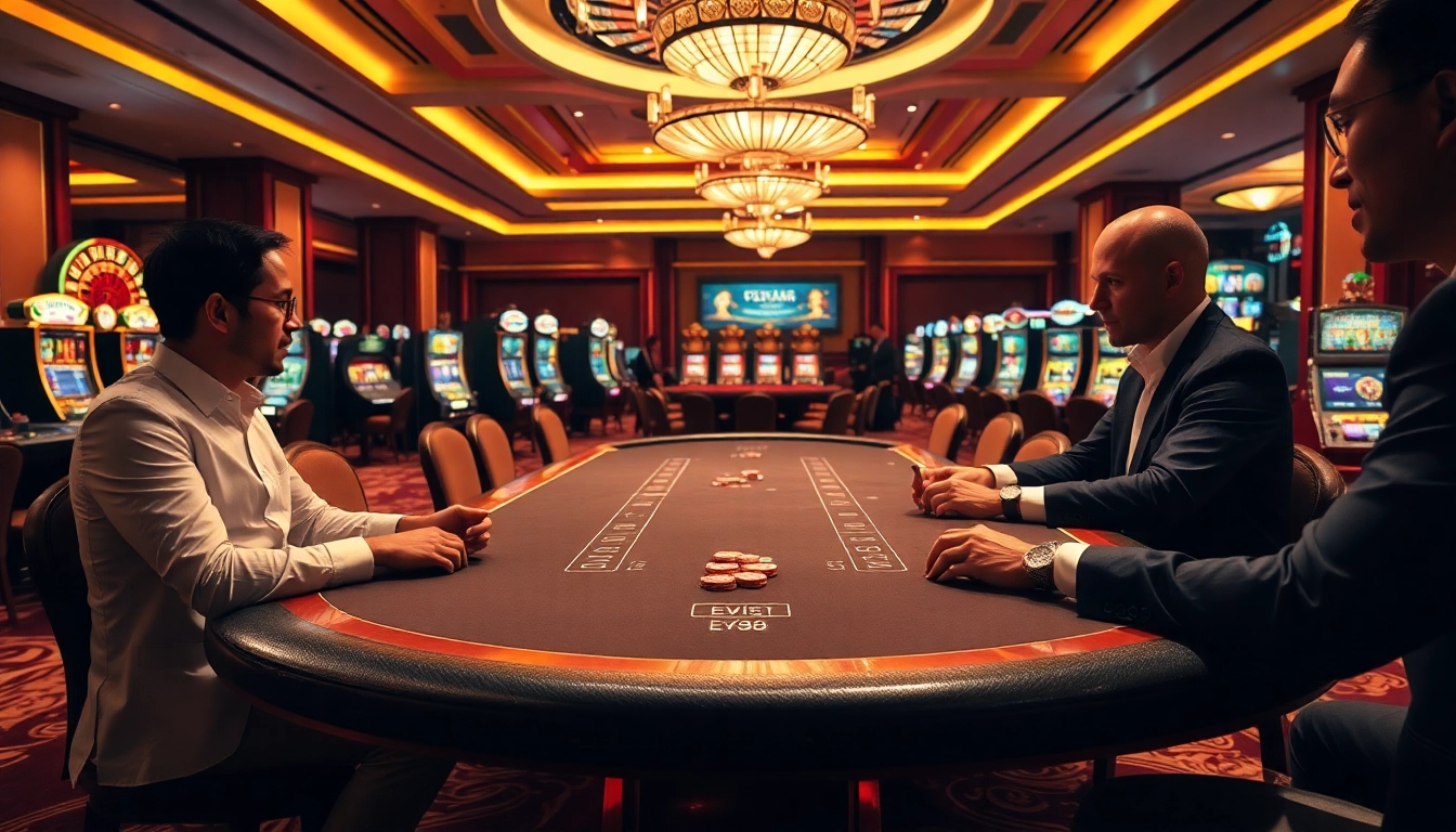 Players engage in high-stakes poker featuring EV88 luxury casino atmosphere with roulette and slots.