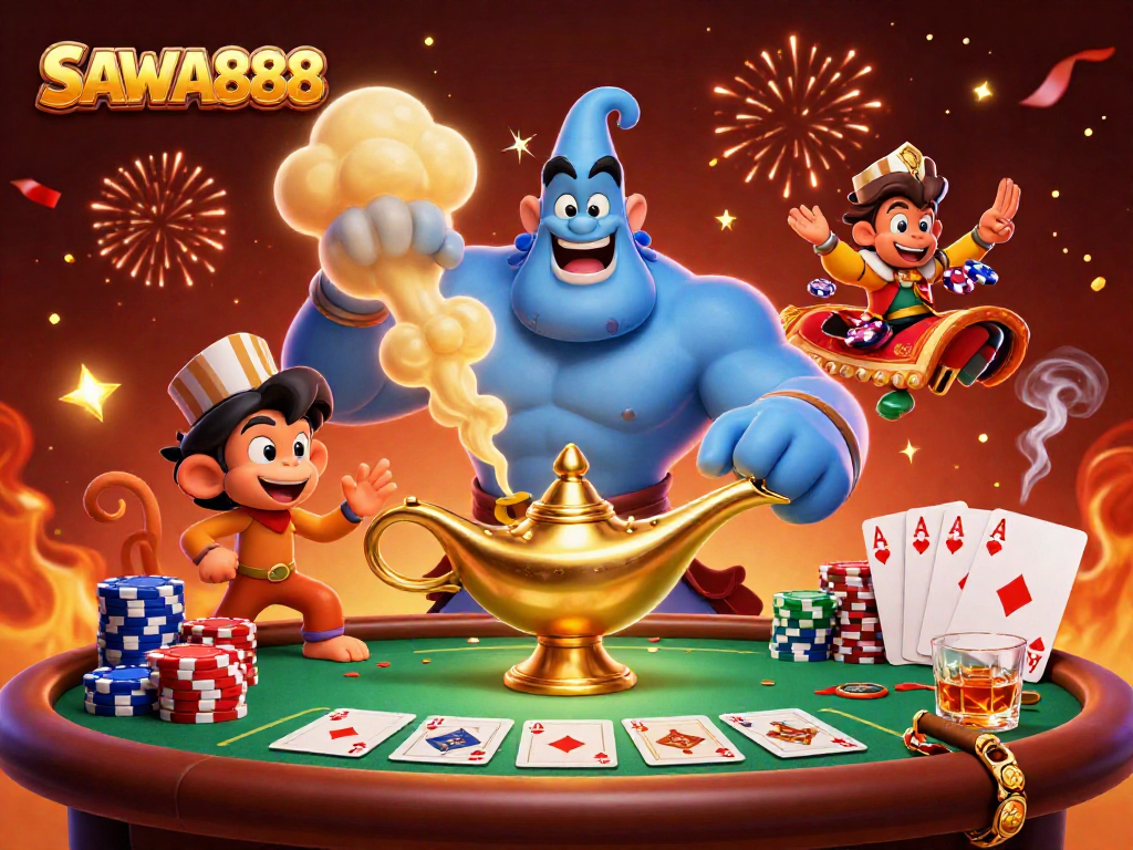 Engage with SAWA888's vibrant world of online gaming featuring a dynamic casino scene filled with poker excitement.