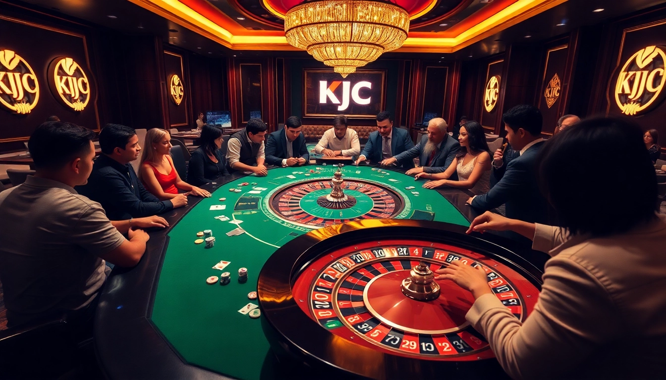 Players enjoying a high-stakes game at the KJC casino, surrounded by poker chips and cards.