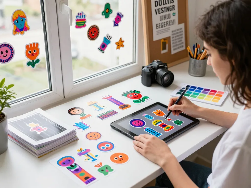 Creative workspace with custom stickers designer crafting unique sticker designs.