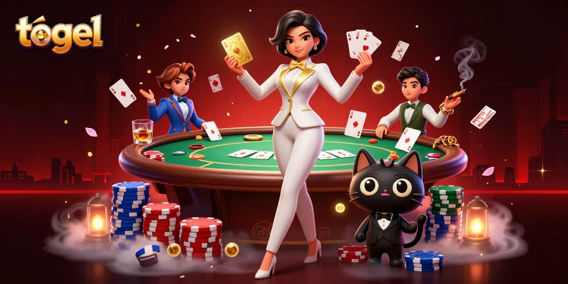 Togel players enjoy a lively poker scene featuring a glamorous dealer and whimsical cat, surrounded by colorful chips.