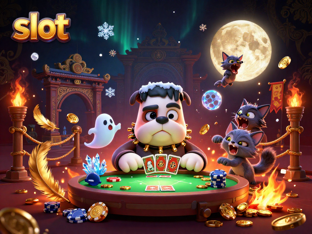 Menangkan slot dengan Frankenstein bulldog dan teman-teman di meja kasino yang menakutkan.