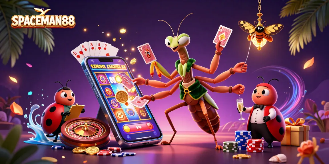 SPACEMAN88 showcases a vibrant casino scene with a giant mantis and ladybug characters amidst lively game elements.