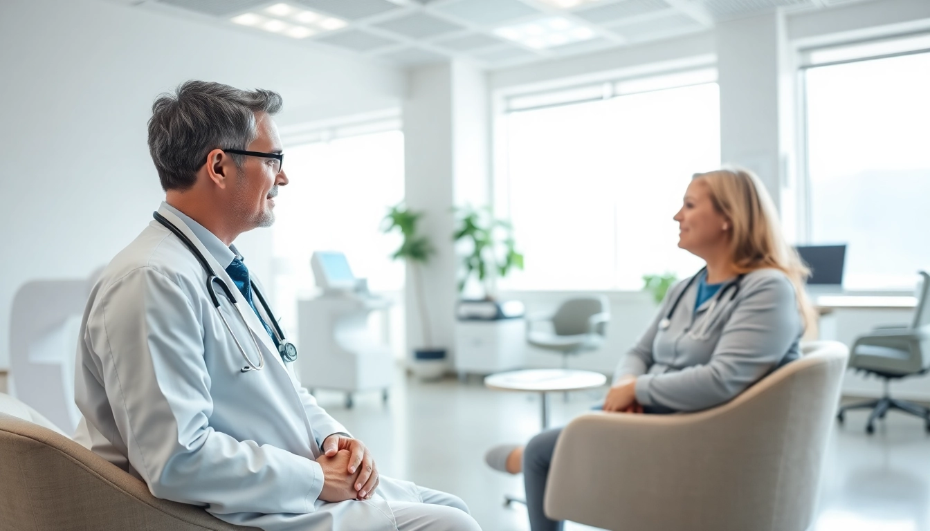 Engaged conversation between a patient and private GP in a modern clinic.