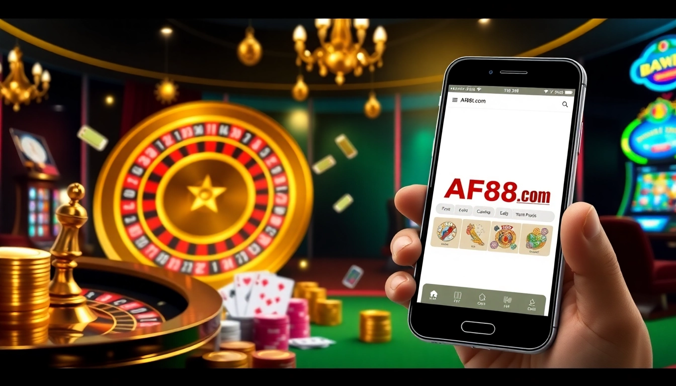 A dynamic online gaming scene featuring AF88.com with vibrant slot machines and poker cards.