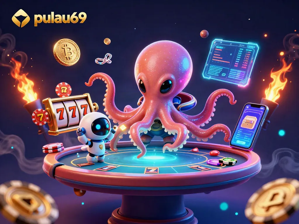 Experience pulau69 in action with an alien poker table scene filled with slot elements and crypto coins.