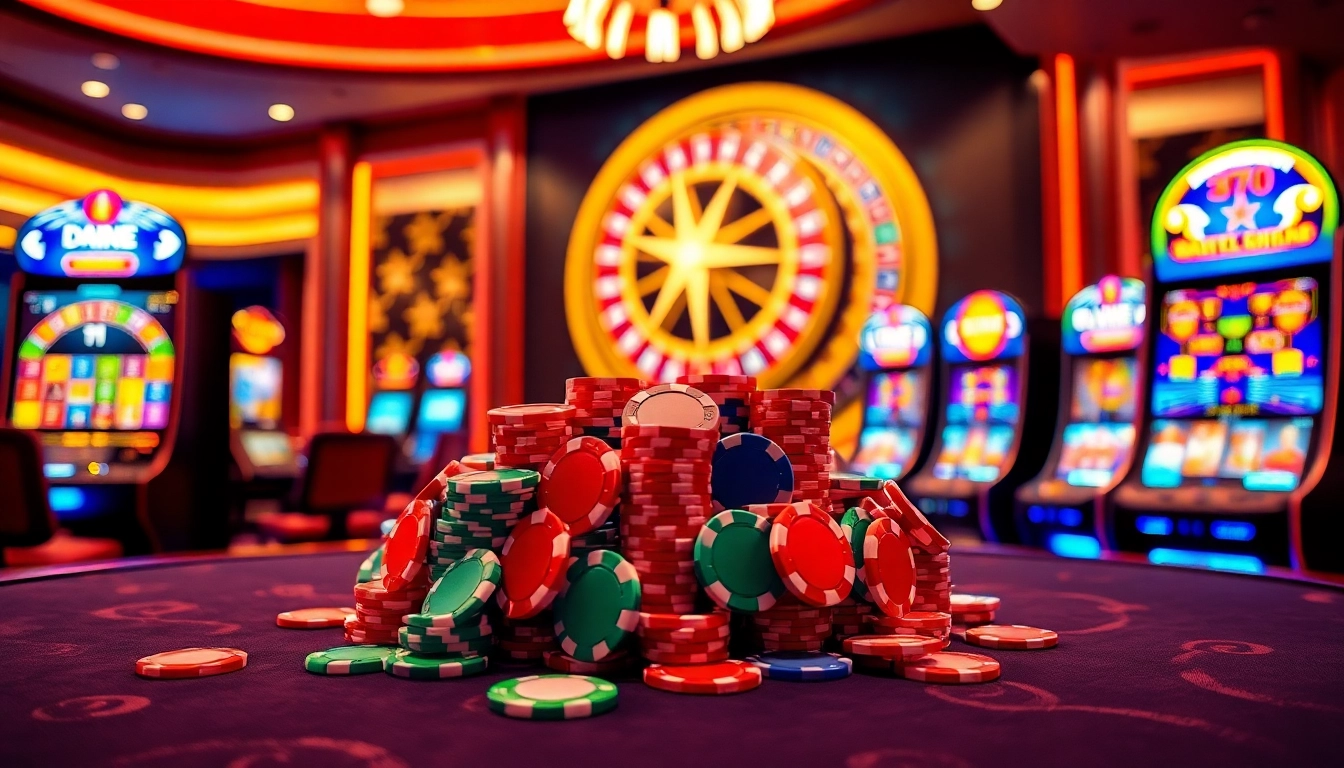 Engaging casino scene highlighting onicplay with vibrant slot machines and poker chips in play.