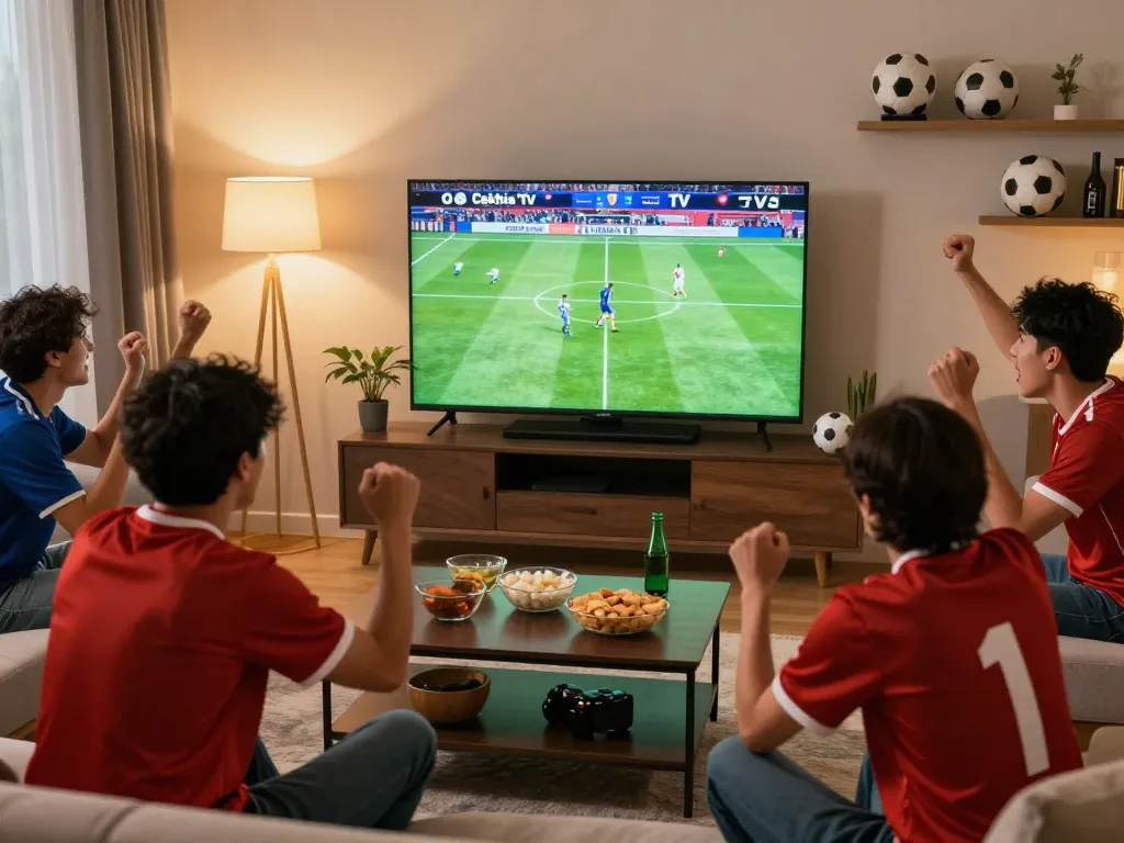 Friends enjoying a live Cakhia TV football match in a cozy setting with snacks and jerseys.