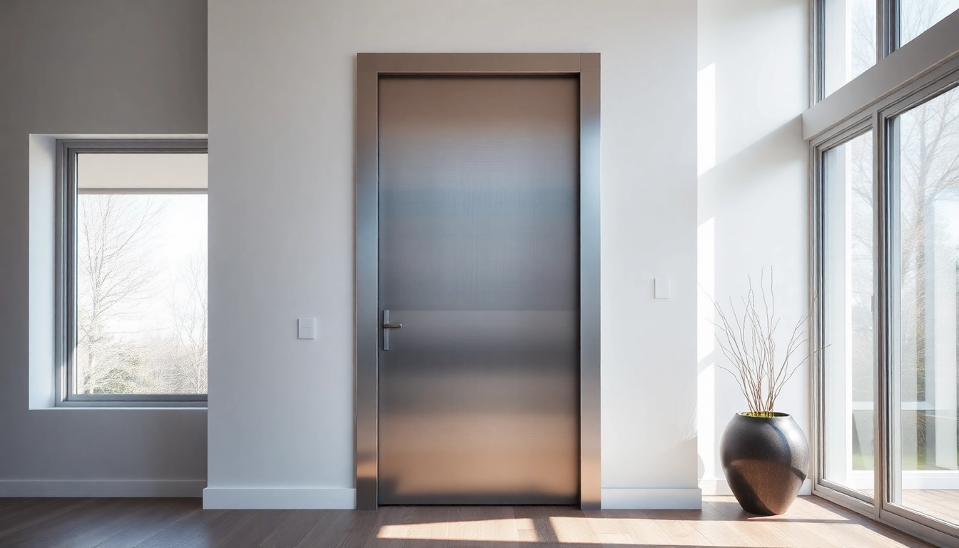 Showcase of a single leaf swing door emphasizing its sleek design and stainless steel finish.
