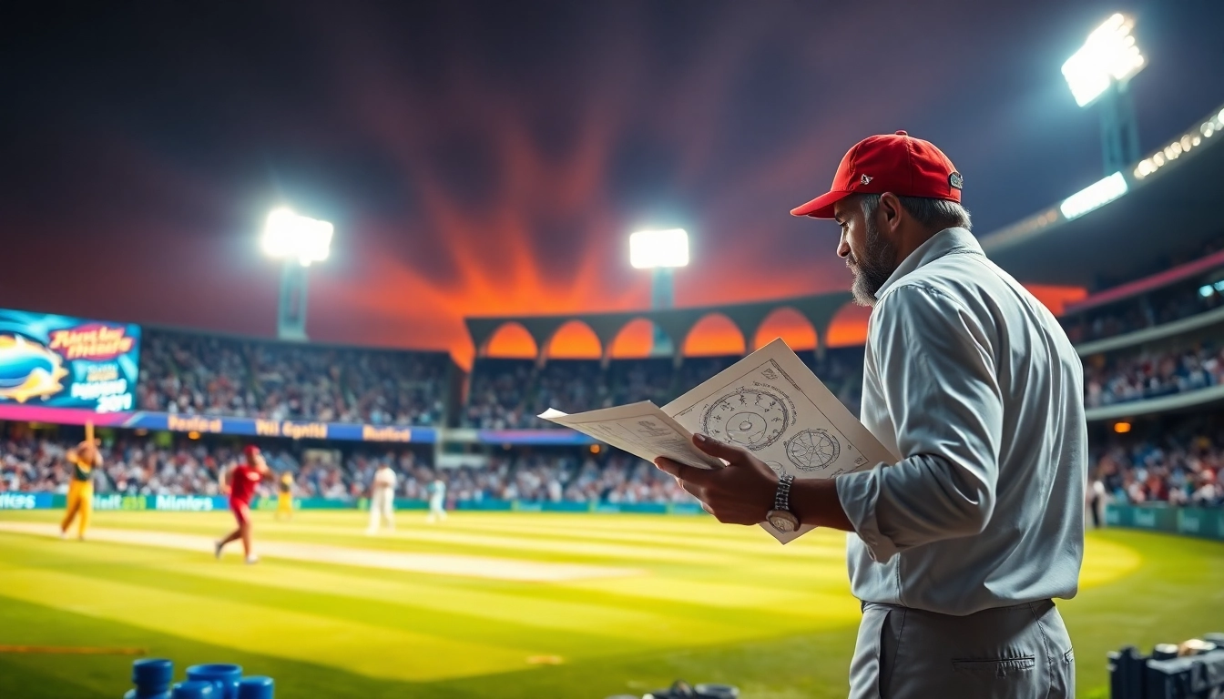 Engaging scene illustrating an astrologer making astro ipl prediction alongside a thrilling cricket match.