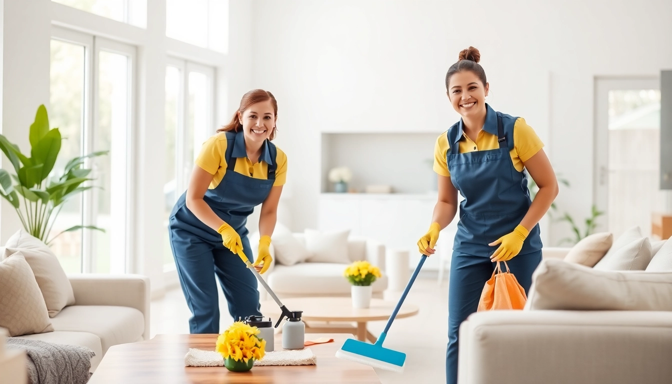 Enhance your home with a professional cleaning service team, showcasing their dedication to cleanliness.