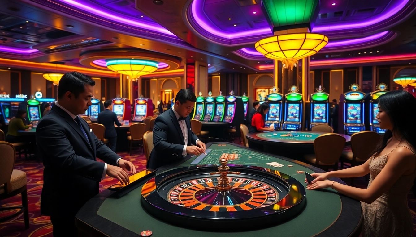 Engaging scene of gamblers at luxury tables with Nhà cái QQ88 branding, showcasing poker and roulette excitement.