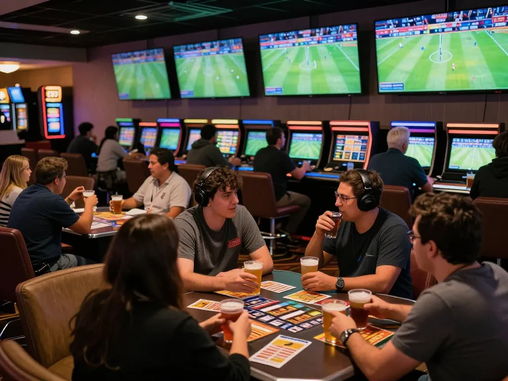 Fans engaged in sports betting at Cakhia tv, watching live matches with excitement in a vibrant lounge