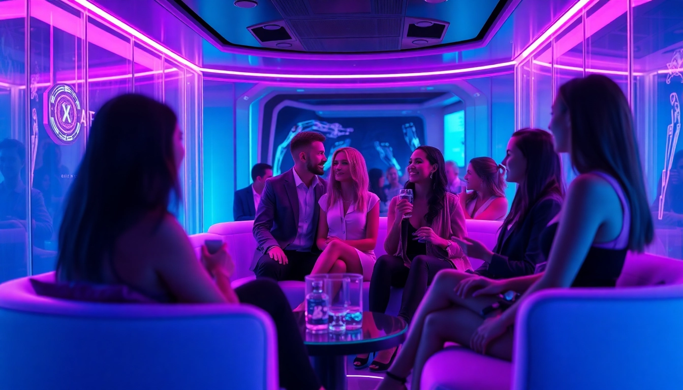 Immersive digital lounge showcasing interactive 'sex ai' avatars in engaging conversations.