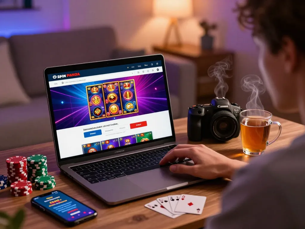 spin panda casino login at cozy home with laptop and gaming elements