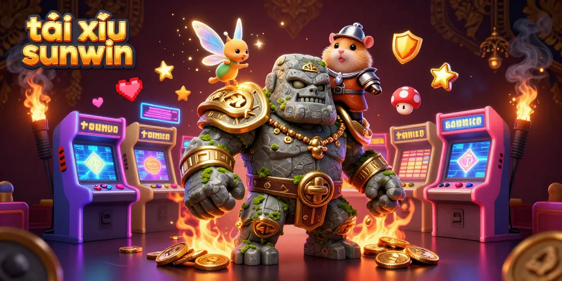 Tài xỉu sunwin gameplay scene featuring a stone golem guardian, a fairy, and a hamster knight with glowing casino elements.