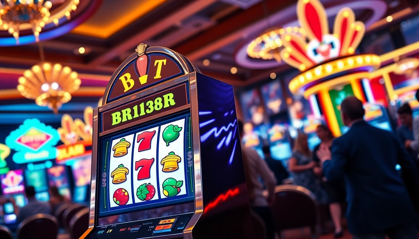 Main bro138 slot machine with vibrant colors, attracting players at a lively casino.