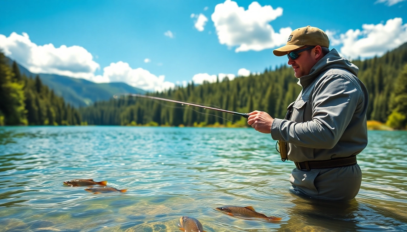Fly fishing for beginners is demonstrated by a fisherman casting in a picturesque mountain lake.