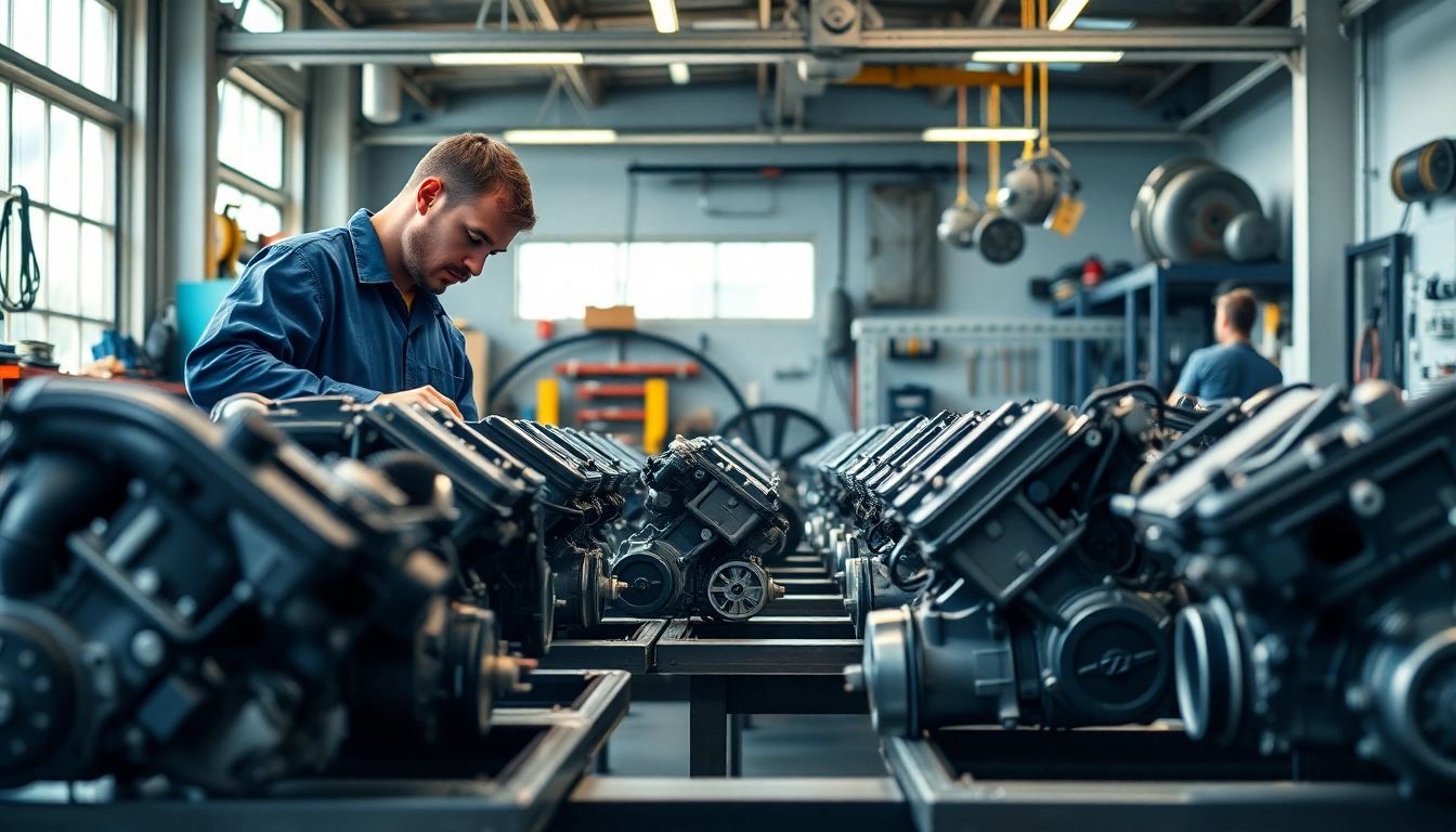 Inspecting a variety of used engines in a professional garage setting.