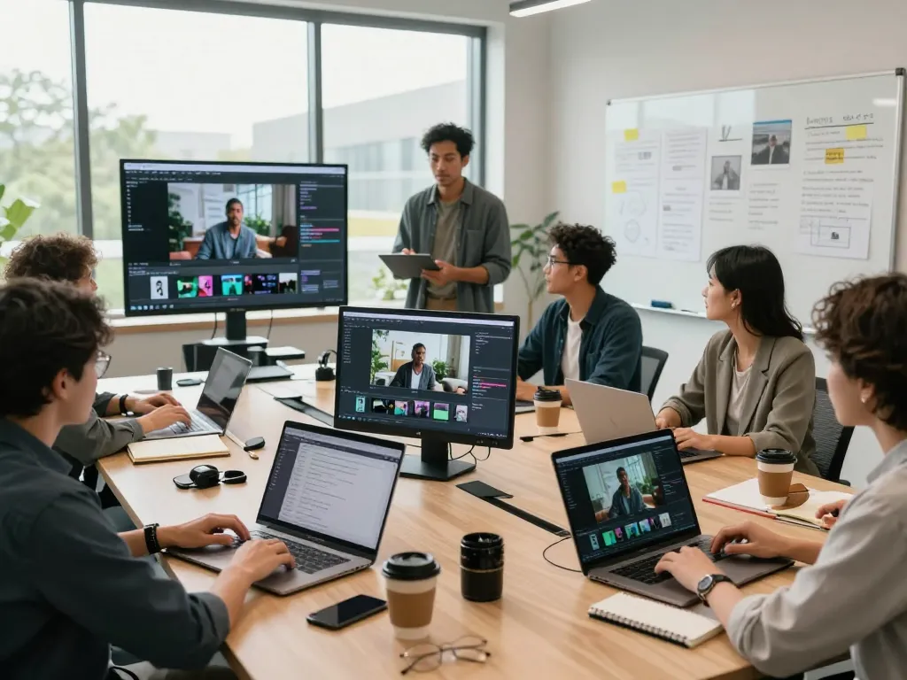Team generating video to prompt ai in a modern workspace, analyzing clips collaboratively.