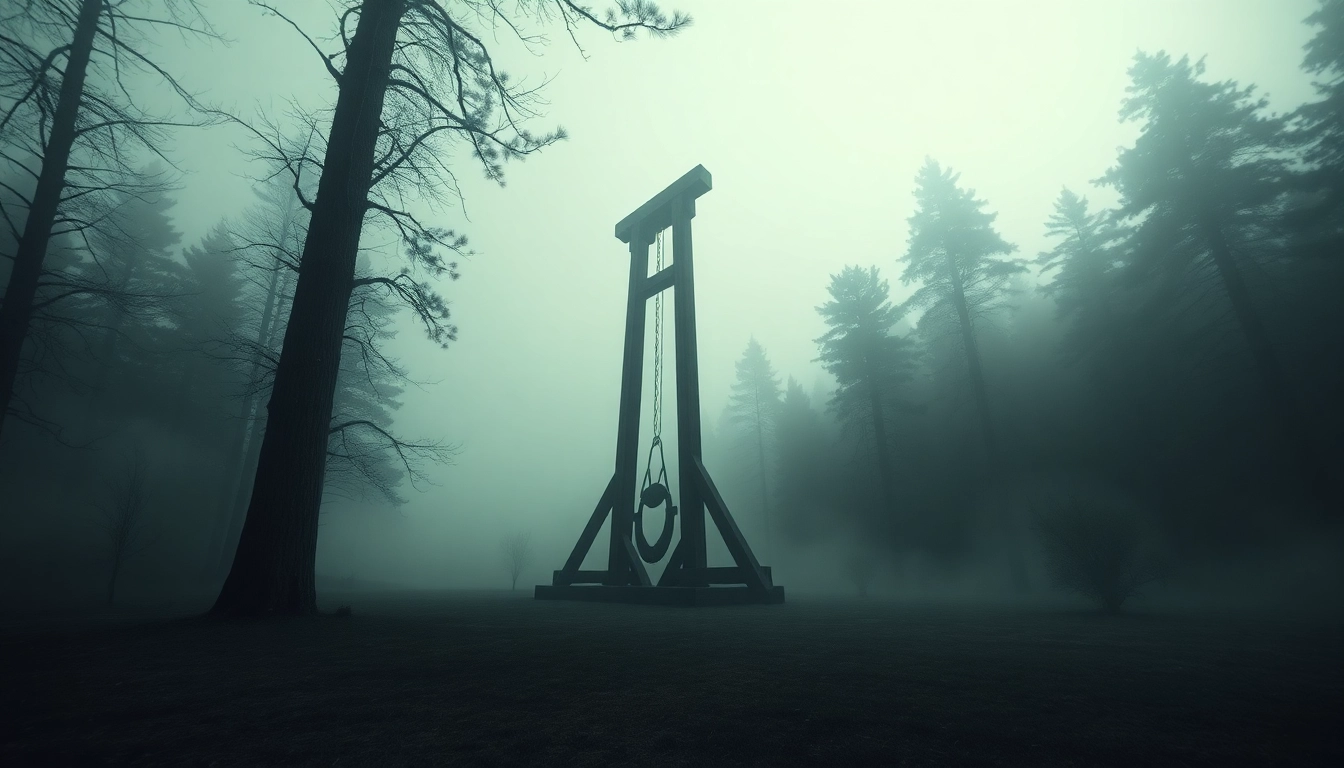 Guillotine origin phrase depicted through a historical guillotine in a foggy forest, showcasing its dramatic presence.