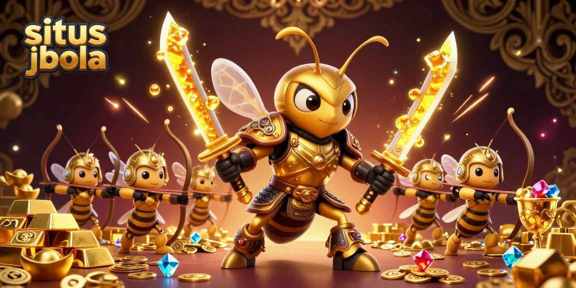 Situs judi bola captivates with a vibrant 3D scene of a golden hornet samurai leading bee archers amidst overflowing jewels.