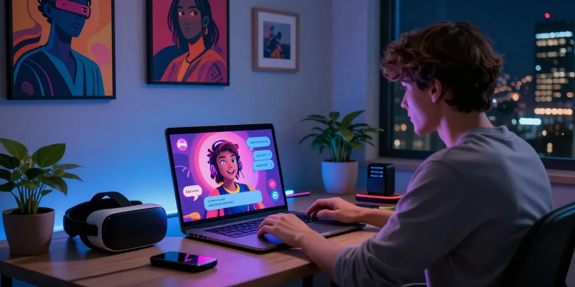 Engaging NSFW AI chat experience with vibrant character animations and modern tech setup in a dynamic home office.