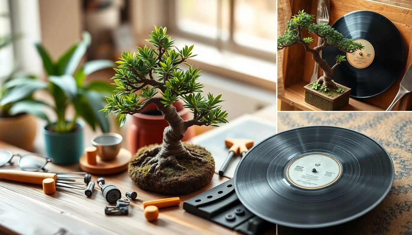 Niche hobbies like model building and bonsai cultivation represented in a warm, vibrant collage.