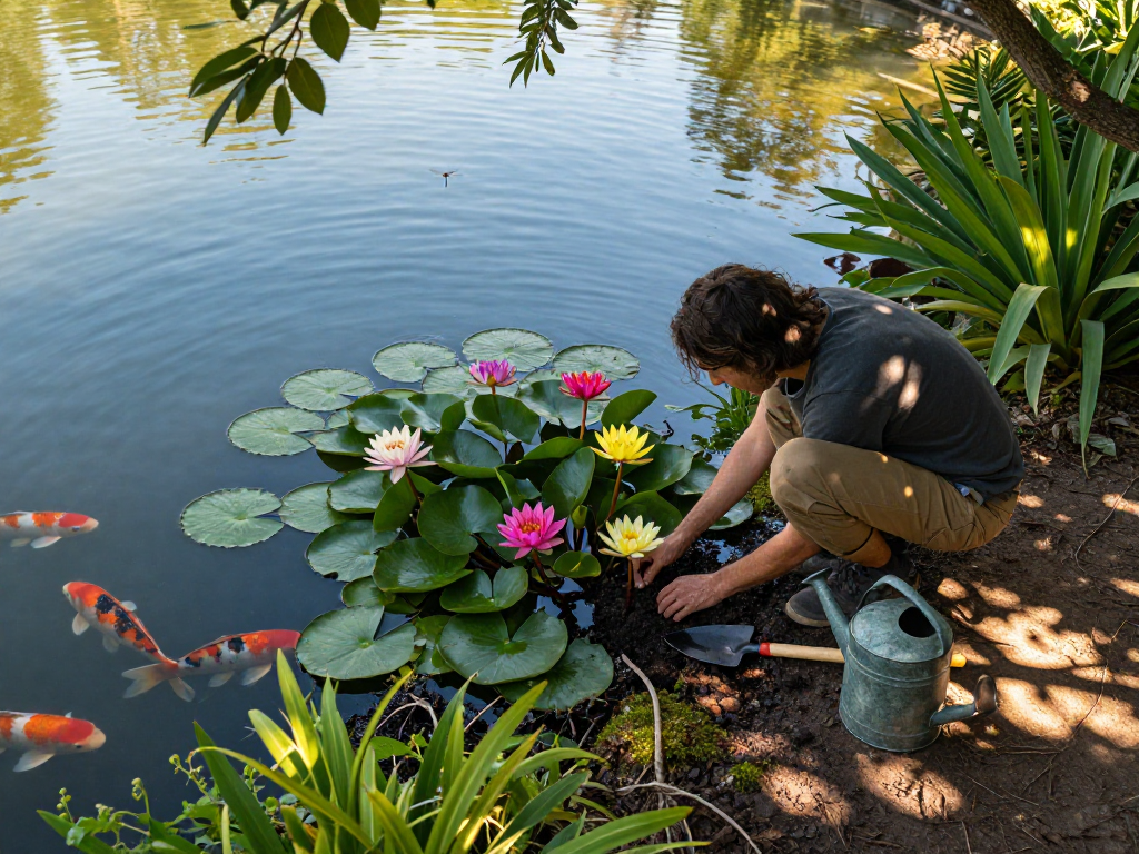 Buy water lilies and explore vibrant garden life with blooming flowers and tranquil pond setting.