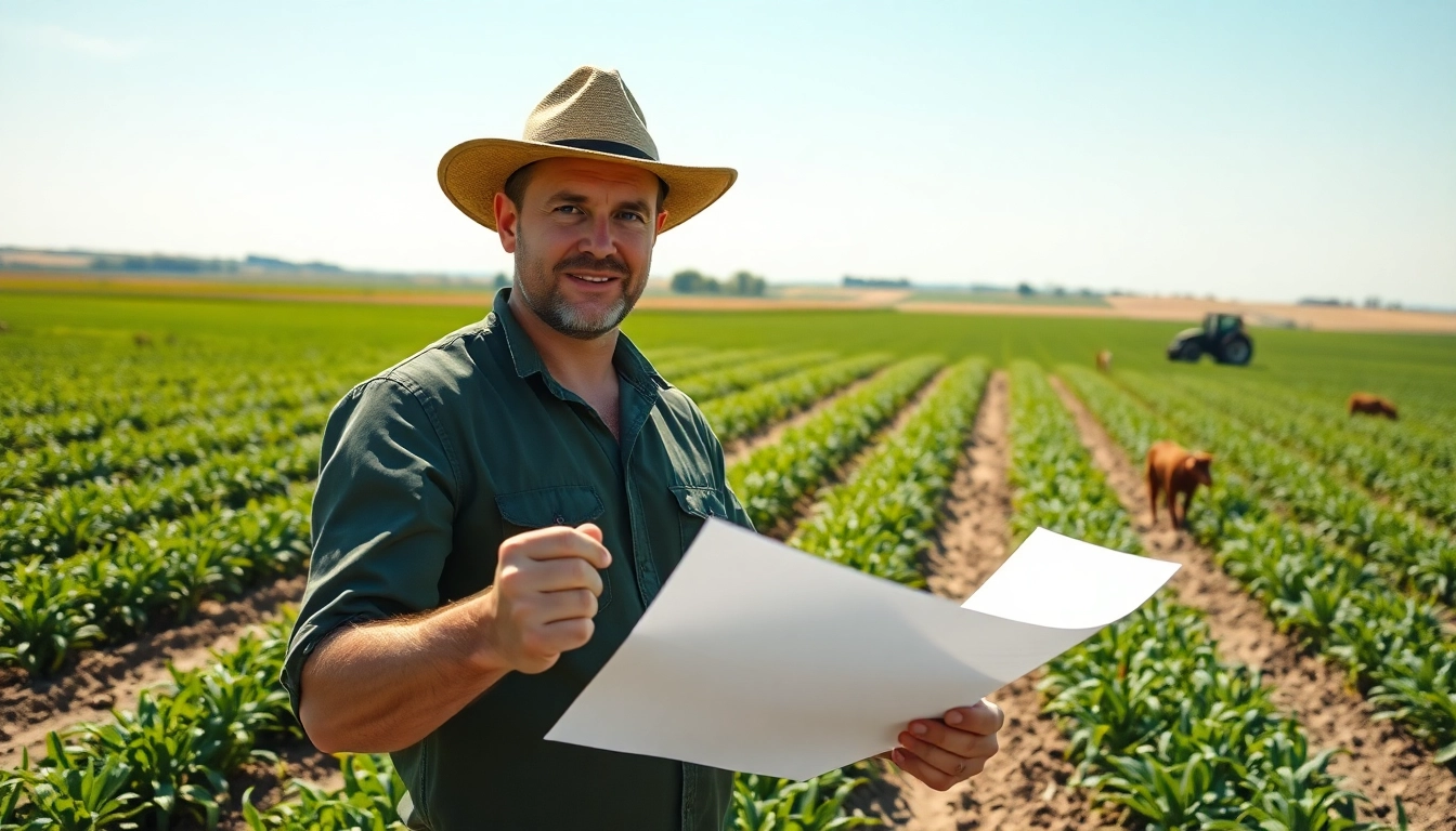 Engaging discussion on agriculture law with a farmer in a vibrant field.